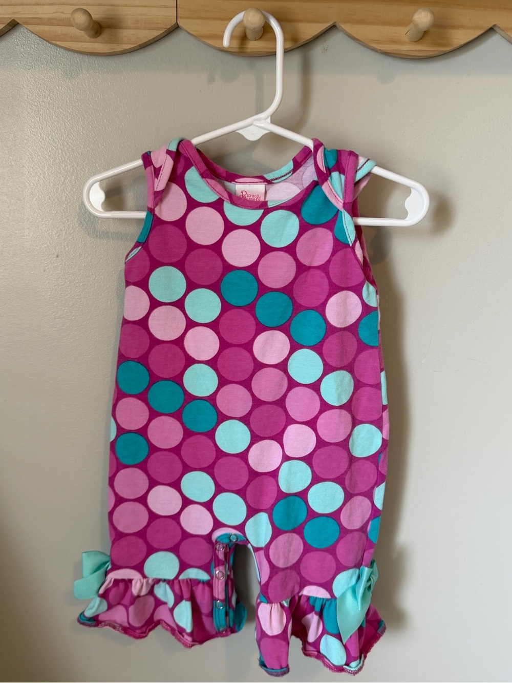 Ricrac & Ruffles Girls Polka Dot Romper Pink Purple Bow Ruffle One-Piece 6-9M